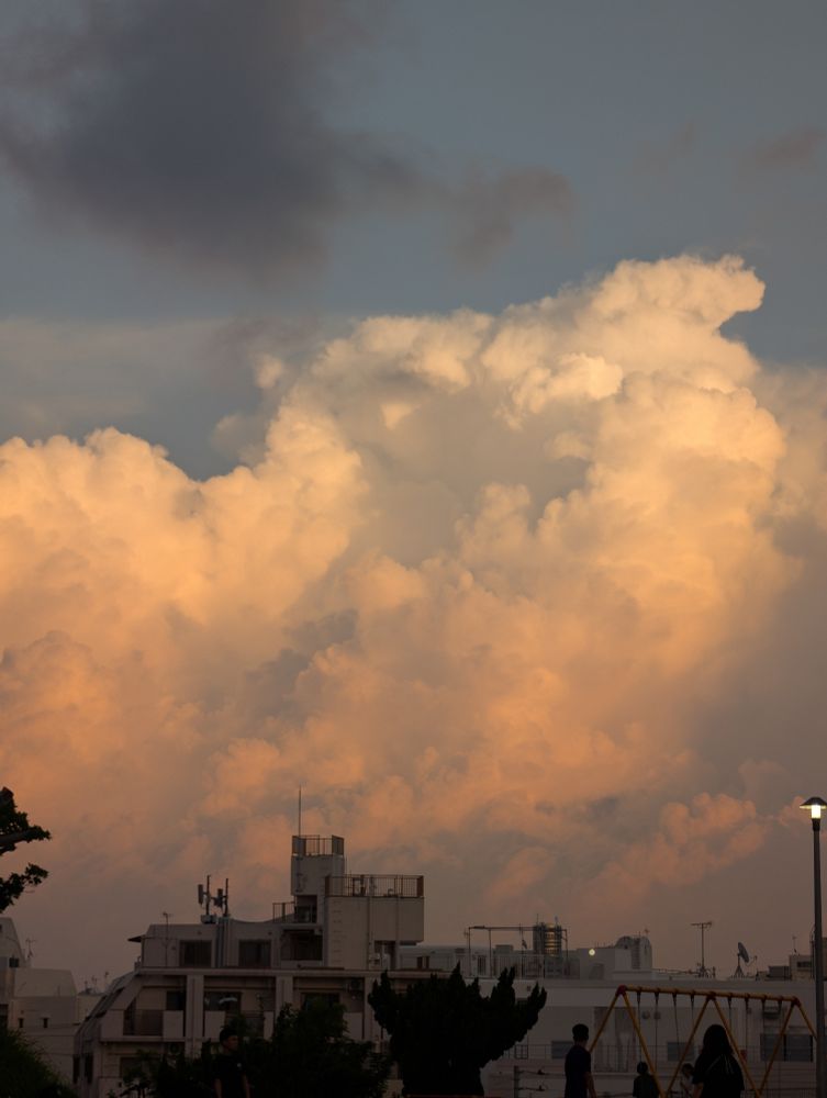 夕暮れでセピア色に染まった入道雲。押しつぶされるかのような古びた建物。公園で遊ぶ人々のシルエット。

Sepia-toned cumulonimbus clouds at dusk. Old buildings that look as if they are being crushed. Silhouettes of people playing in the park.