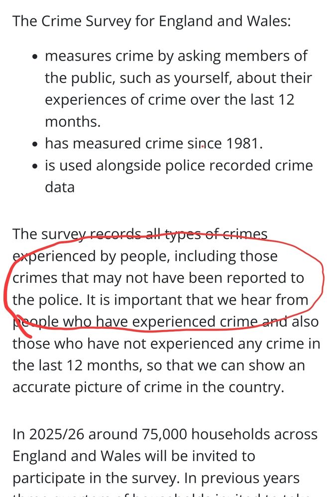 Screenshot from the Crime Study for England and Wales website with a circle round the text clarifying that it included crimes that may not have been reported to the police.