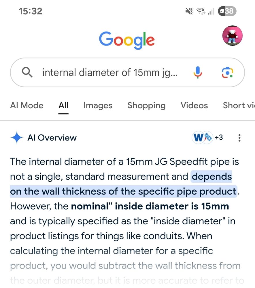 Google AI slop stating the internal diameter of 15mm JG pipe is 15mm, when that is actually the external diameter
