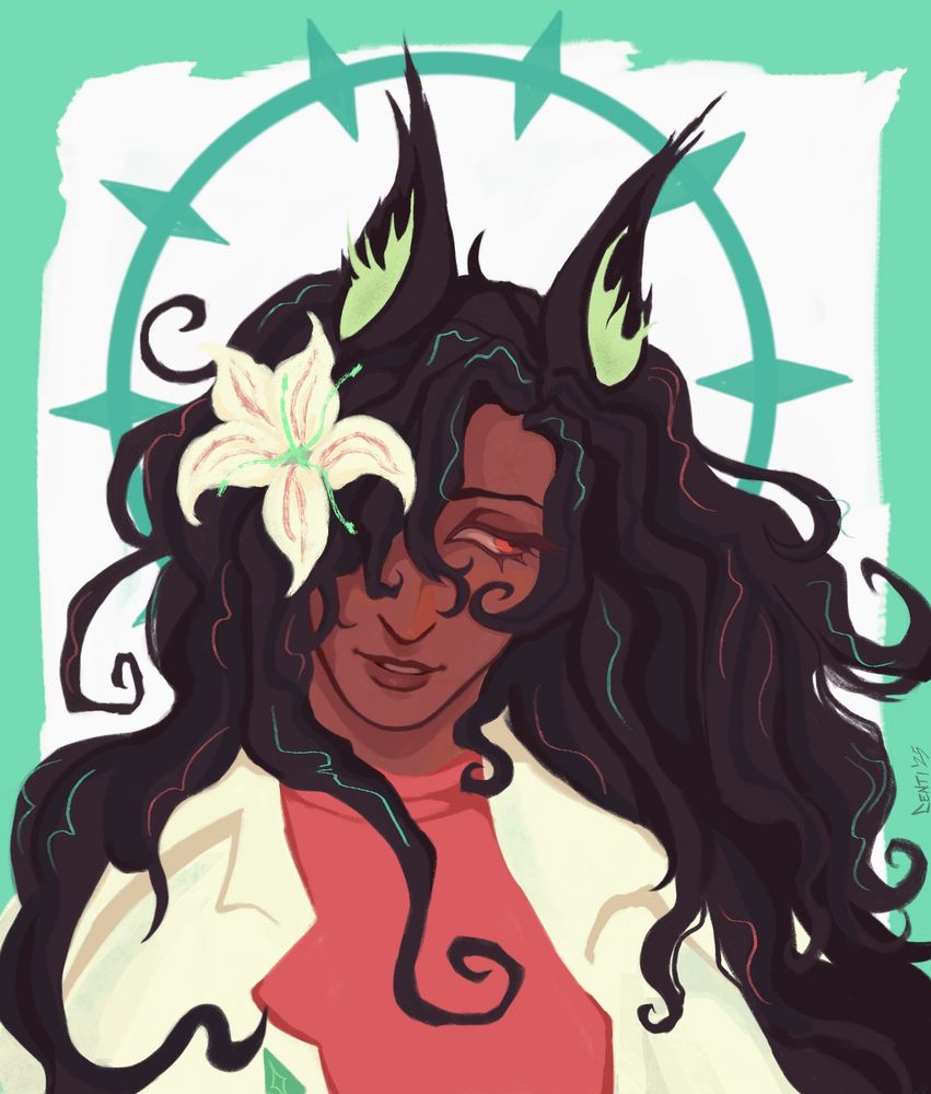 Illustration of polkadotcache's OC Netzer. He has fox-like ears with tufts of pale green fur inside. His right eye is obscured by his long, dark, wavy hair with a large, white lillium chalecedonicum flower resting in it. He smiles and looks off to the side. 