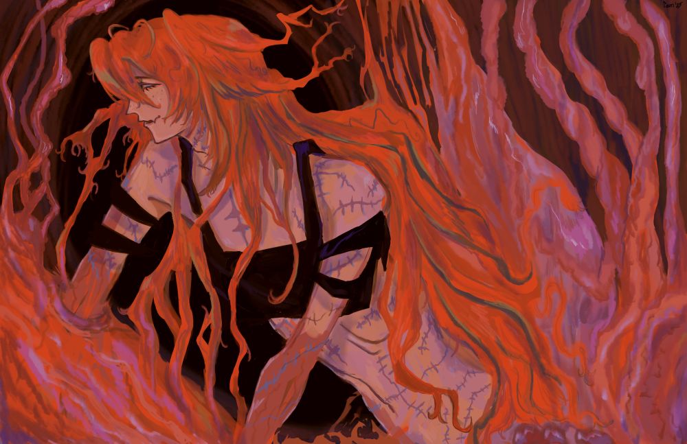 Illustration of duckduckduck’s OC Lazarus. He has long orange-red hair and his body is covered in stitches. He’s surrounded by strange flesh and meat, and his hair and arms begin to fuse with it. 