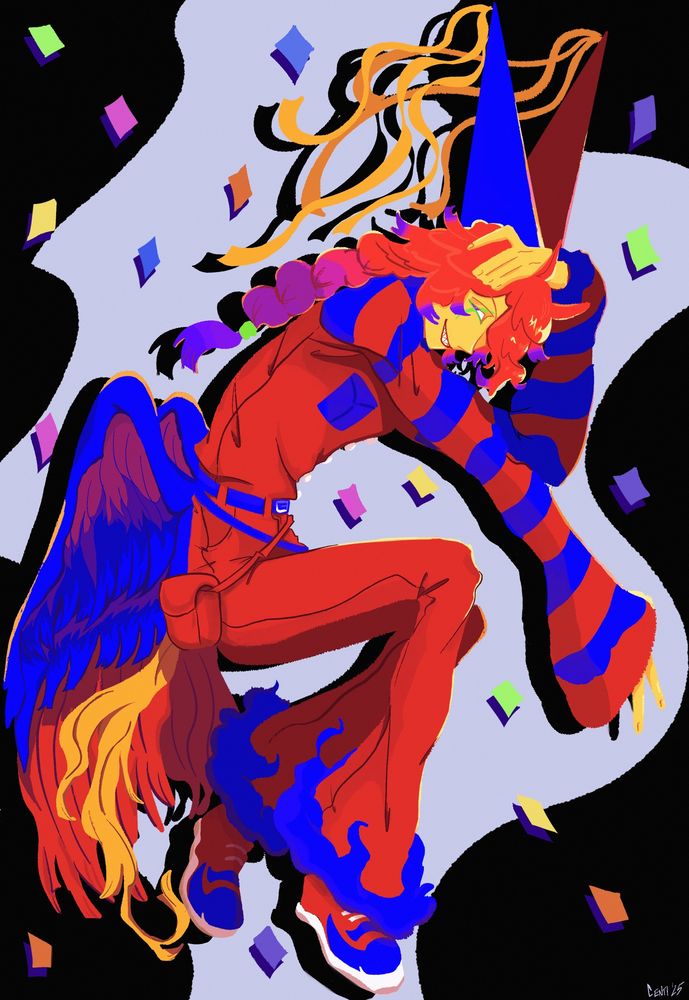 Illustration of UNEwakame’s character Knockout. He wears a bright red and blue jumpsuit and has a horse’s tail and ears with pegasus wings sprouting from his lower back. He wears a mischievous, playful grin as confetti falls around him. 