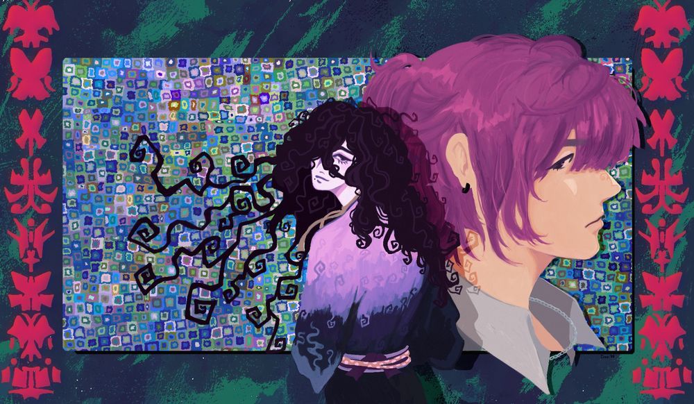Illustration of characters Minori and Haoyu who belong to cookibites on artfight. Minori’s back is facing the viewer as he looks over his shoulder. His long, curly black hair spreads around. A bust of Haoyu’s profile is to the right behind Minori as he looks off to the side. The background is abstract and colorful with butterfly-like shapes.