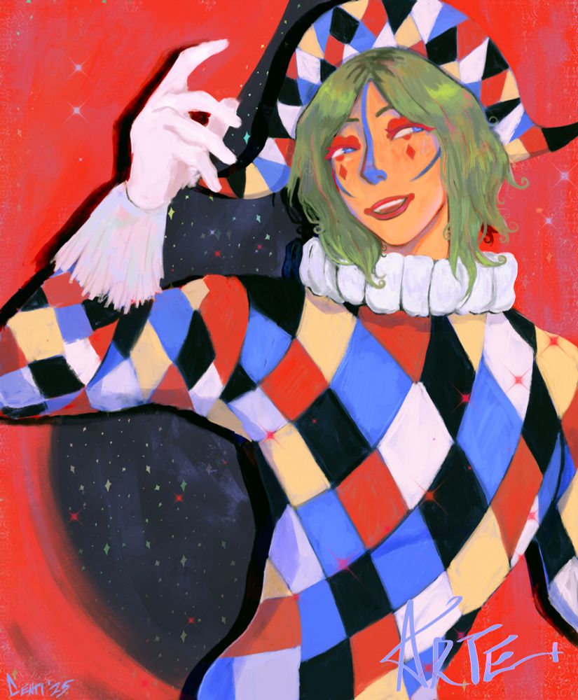An illustration of a harlequin character named Arte who belongs to adwox. They are a proud performer who loves what they do and it shows. Arte dresses colorfully and has a cheerful, confident expression.