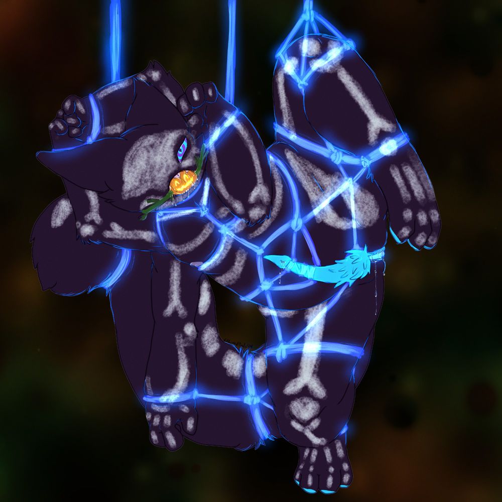 King, a one-eyed purple feline-esque monster, suspended in shibari ropes made of blue magic, wearing skeleton body paint and a jack-o-lantern gag