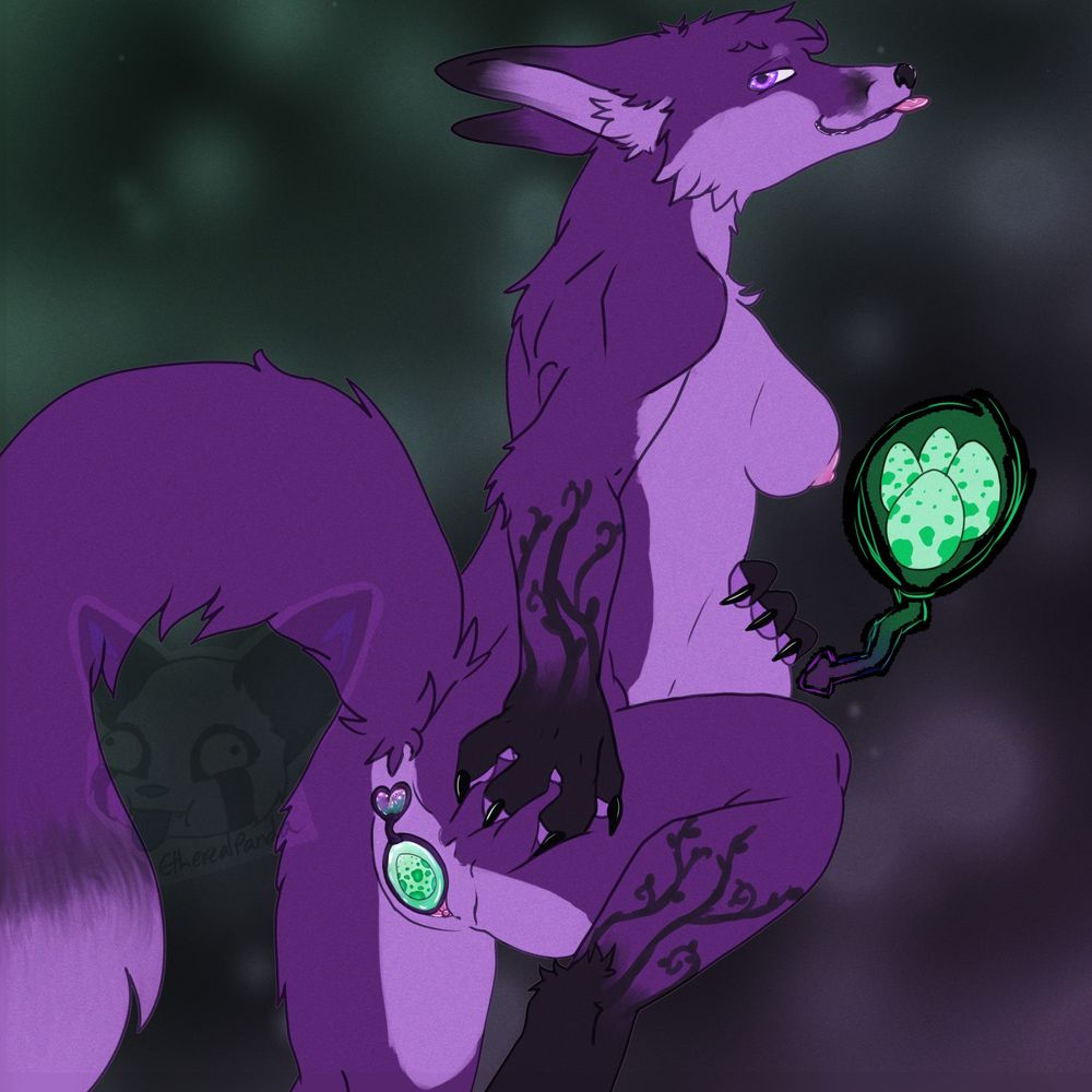 Fauna the violet fox poses with her back mostly turned to the viewer, right leg lifted and right hand spreading herself to show off her dual butt-and-pussy plug. The butt plug is heart shaped green and violet alexandrite, and the pussy plug is round and green with a green speckled egg design in the center. She has her left hand on her gravid belly, and a bubble pointing to her belly indicates she is full of pale green eggs with green speckles, from her mate's #ovipositor