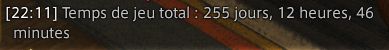 Capture d'écran de Final Fantasy XIV recadrée pour ne montrer qu'une partie de la fenêtre de dialogue où il est indiqué le temps de jeu total au 24 juillet 2025 à 22h11, soit 255 jours, 12 heures et 46 minutes.