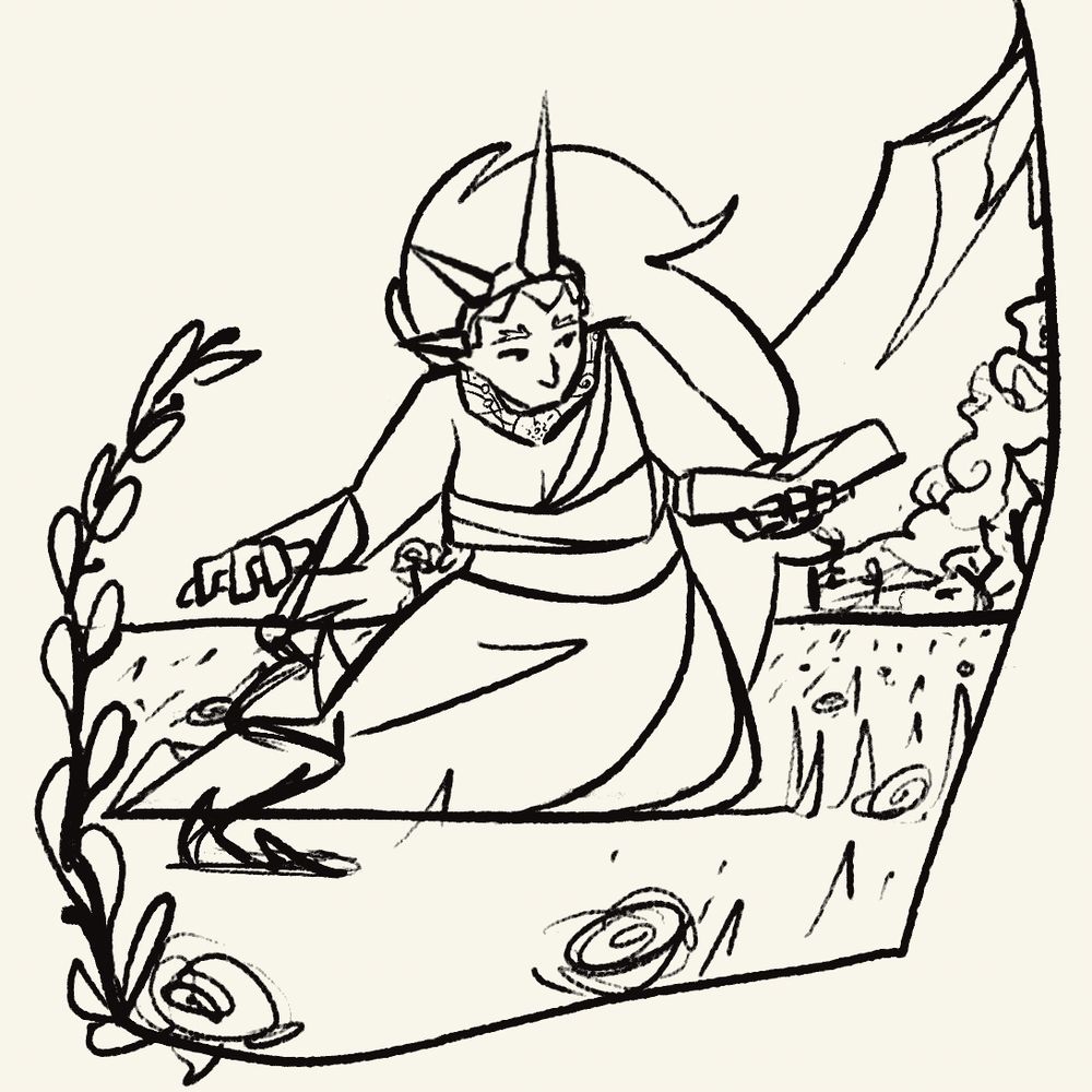 an illustration of a woman in a field with a forest and mountain behind her. she is reading from a book she is holding with one hand and has the other hand outstretched. she has a headpiece with three spikes and long bushy hair