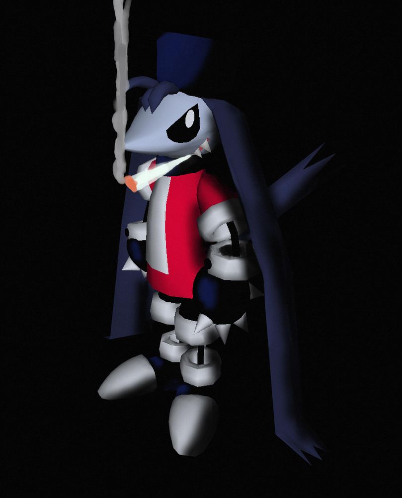 Joke render of Rumble from my visual novel Strange Fabric, smoking weed like the edit of a Mario 64 render.