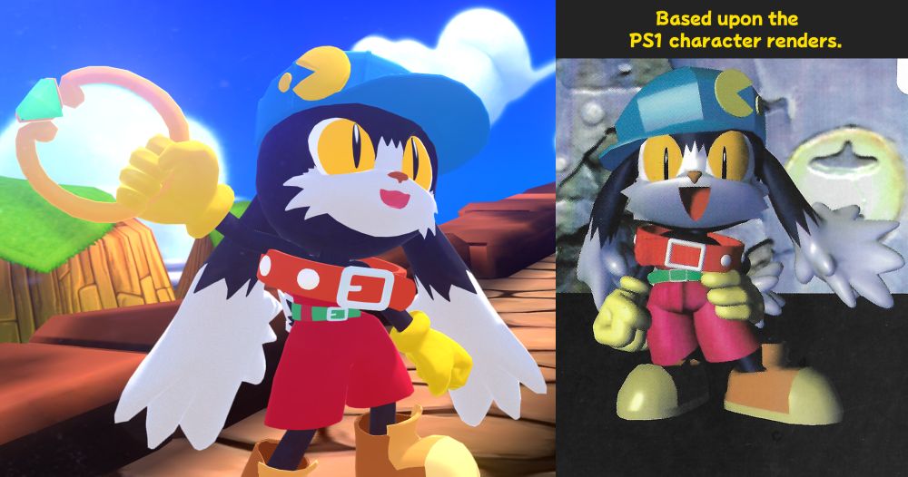 Screenshot of Klonoa Phantasy Reverie Series. The textures have been modified. Text says "Based upon the PS1 character renders".