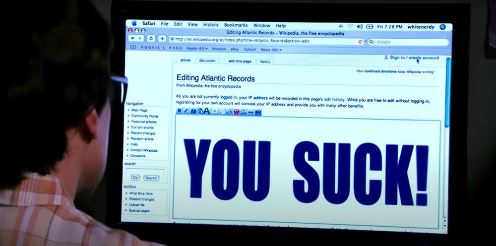 the scene from the White & Nerdy where Weird Al writes "You Suck" on Atlantic Records' Wikipedia page