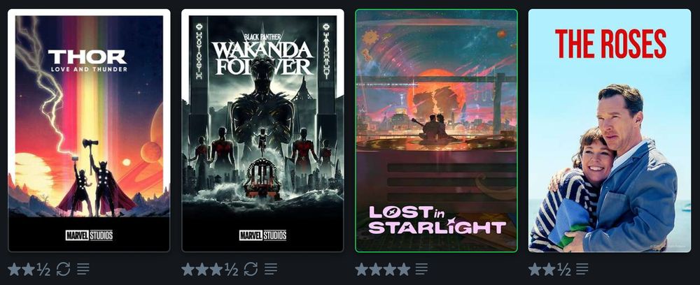 Thor Love and Thunder 2.5/5, Black Panther Wakanda Forever 3.5/5, Lost in Starlight 4/5, The Roses 2.5/5