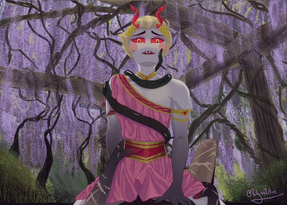 A scene from chapter 6 of Double-Edged. Lucifer spears himself of Alastor's dick, and in the heat of the moment lets out one of his demonic aspects. There's a tent pitched in his toga, and Alastor is holding on for dear life with both hands and tentacles. 