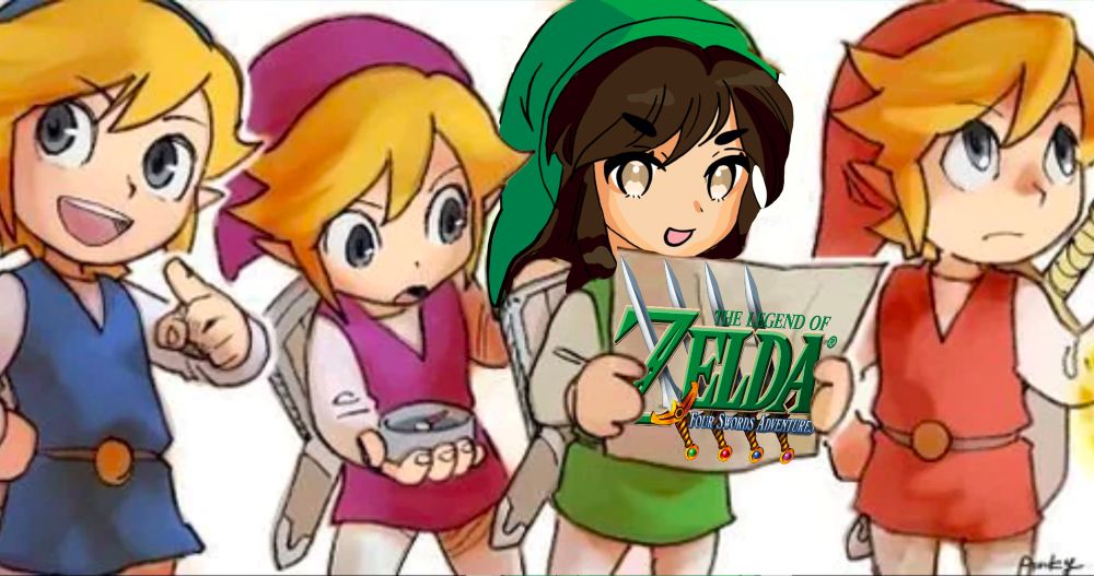 The Legend of Zelda: Four Swords group of all 4 colored links, green, red, blue, and purple. Faelyn is drawn over green Link’s face, and she’s looking at the logo for the game.
