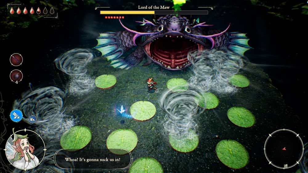 The Adventures of Elliot: The Millennium Tales screenshot, where Elliot is wandering over a lake, hopping across lily pads during a fight against Lord of the Maw.