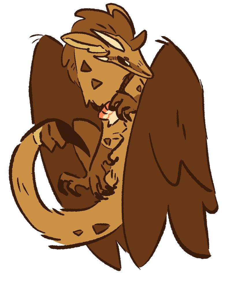 A drawing of Jerboa iii. She is a golden and brown sandwing with long rabbit like ears and bird like wings. She is clutching a pink and white scallop.