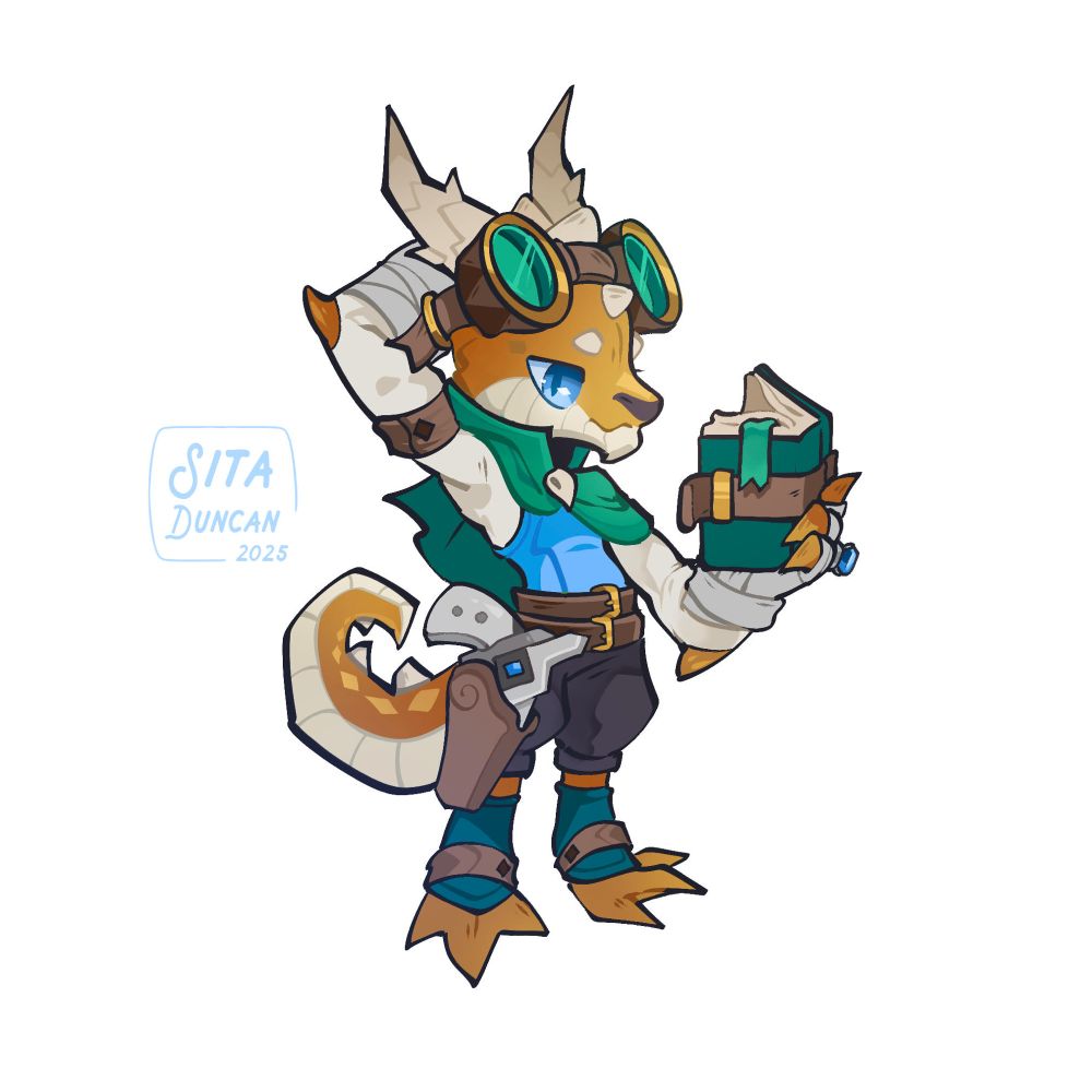 A brass-scaled kobold adventurer studies a book.