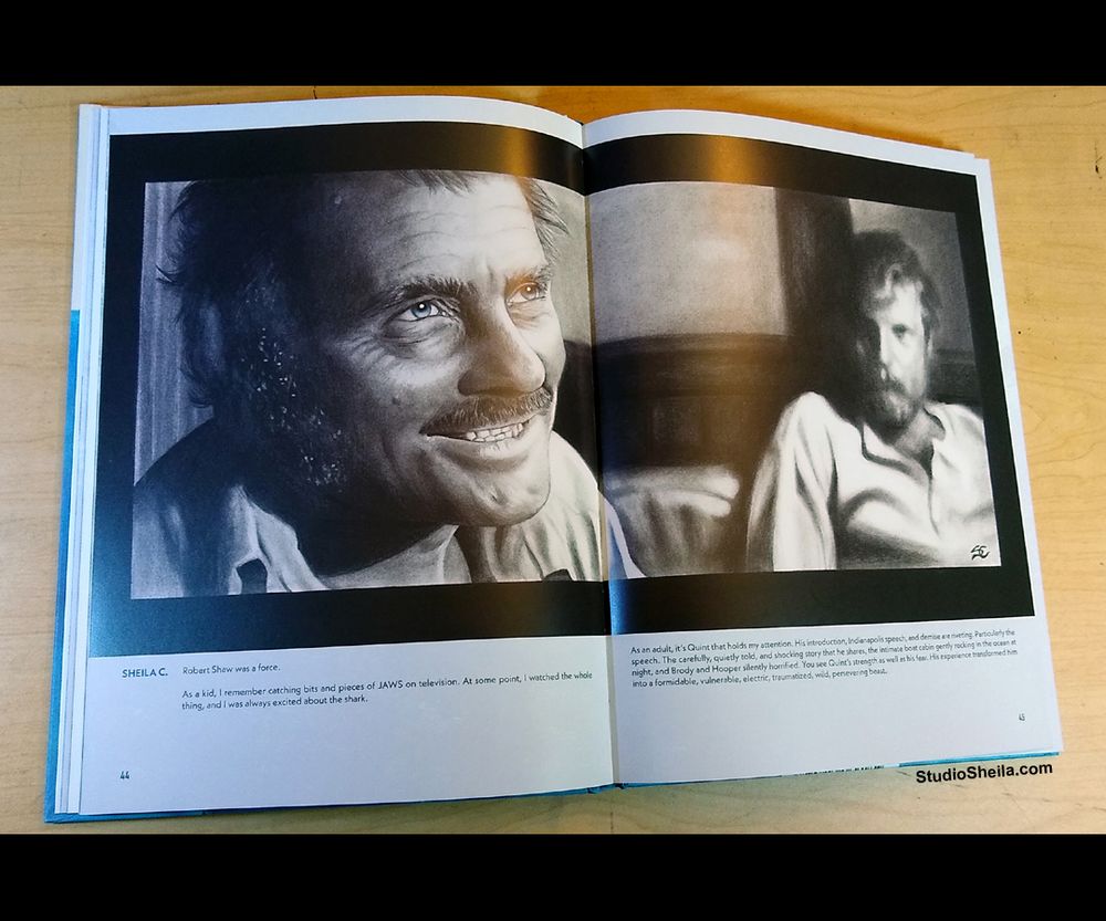 Printed In Blood's Jaws Artbook, on my drawing table, opened to show my drawing of Quint and Hooper in the Indianapolis speech scene.