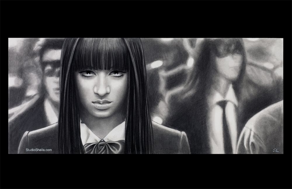 My drawing of Gogo Yubari from KILL BILL. She's walking with the Crazy 88s and staring at the viewer.