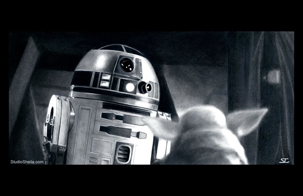 R2-D2 facing Grogu from THE MANDALORIAN season two finale (2020).