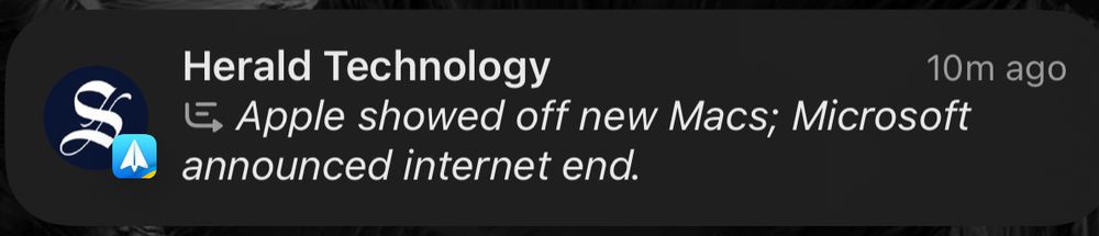 Apple Intelligence summary of an emailed news headline from the Sydney Morning Herald Technology section saying "Apple showed new Macs; Microsoft announced Internet end"