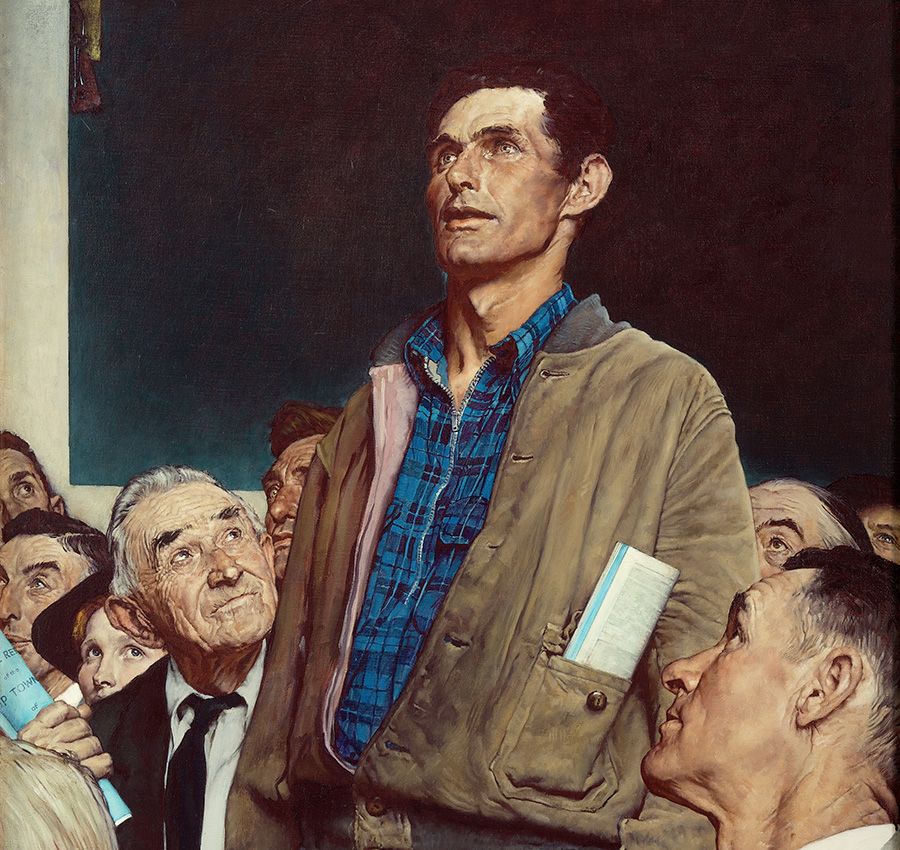 Norman Rockwell Freedom of Speech painting - a white man stands up to make his voice heard