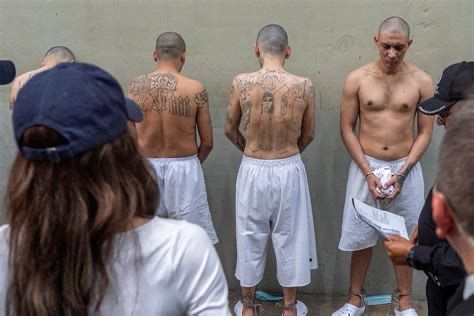 Kristi Noem at El Salvador prison “inspecting” shirtless inmates wearing only underpants.