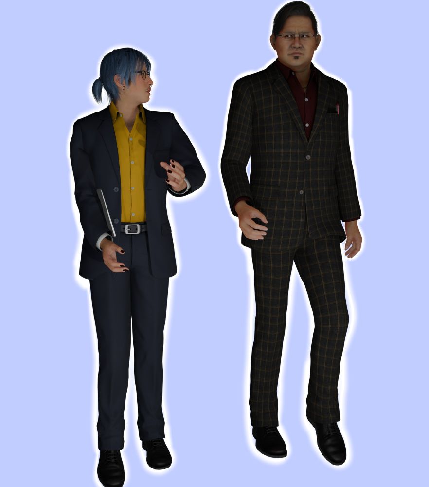 Kai and Mabuchi are wearing formal attire. They're standing next to each other and talking. Kai is holding his laptop.