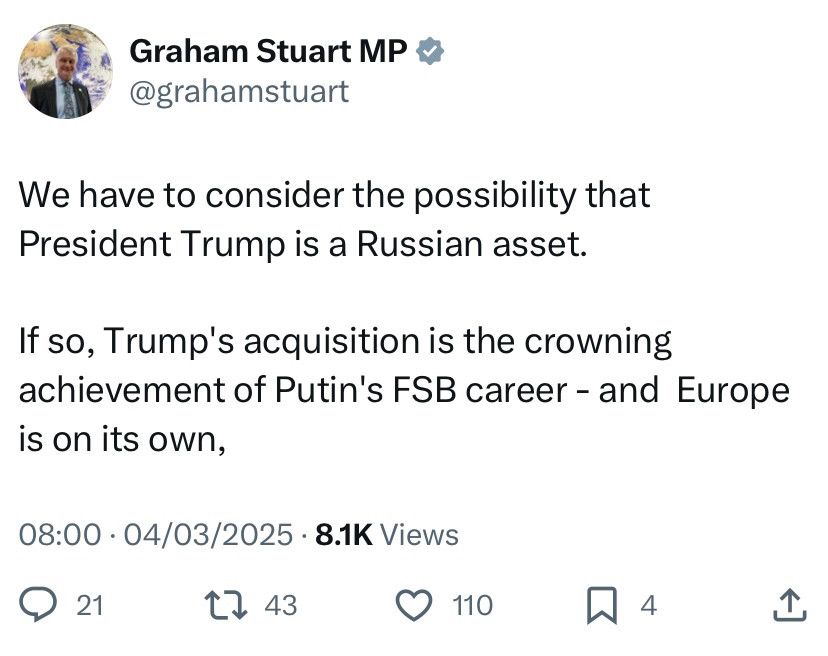 Tweet by Graham Stuart, Tory MP @grahamstuart:
We have to consider the possibility that President Trump is a Russian asset.
If so, Trump's acquisition is the crowning achievement of Putin's FSB career - and Europe is on its own.