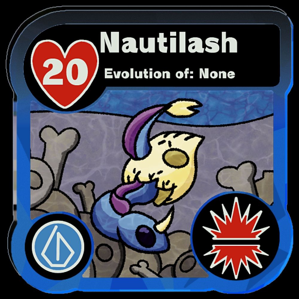A game piece of Nautilash, a small blue eel creature with a bone-like horn and tail. It has large eyes and around part of its body is a skull being worn like an accessory. In the background is a hill of gravel and a nest of bones, all underwater.