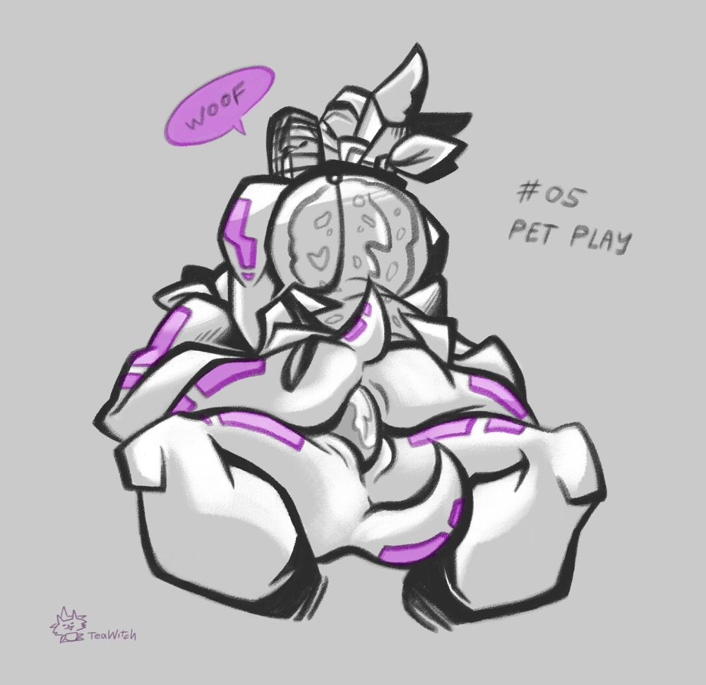 Rise Donnie riding his future counterpart, with Future Donatello's hands gripping his hips and shell. Donnie looks over his shoulder back at the audience with a sultry look and a smirk, voicing a "Woof" sound, while a dog muzzle is around his beak. He also has collar with a leash attached around his neck, and he wears a headband with dog ears as an accessory. 