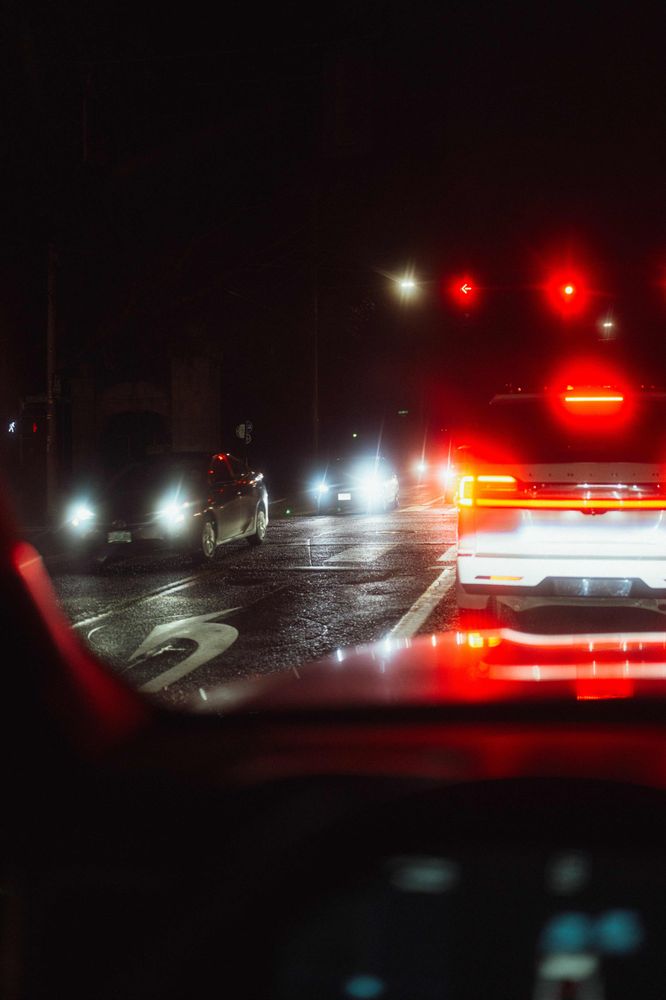 My POV driving in the rain, stopped at a red light.