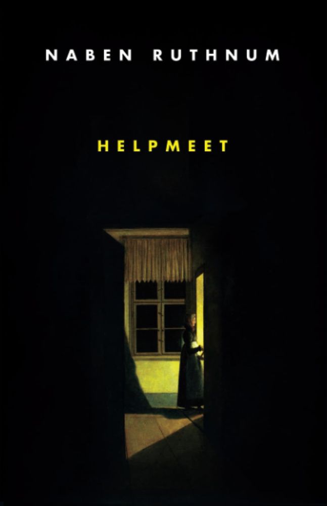 Book cover for Helpmeet by Naben Ruthnum, portraying a dark wooden corridor and a creepy figure peering out from a lit room at the far end.