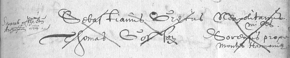 Zoomed image of the crossed-out entry for the proposed marriage of Sebastianus Grecus (Neapolitanus miles) and Thomas Gossen (Sorensis prope Montis Hanoniae).