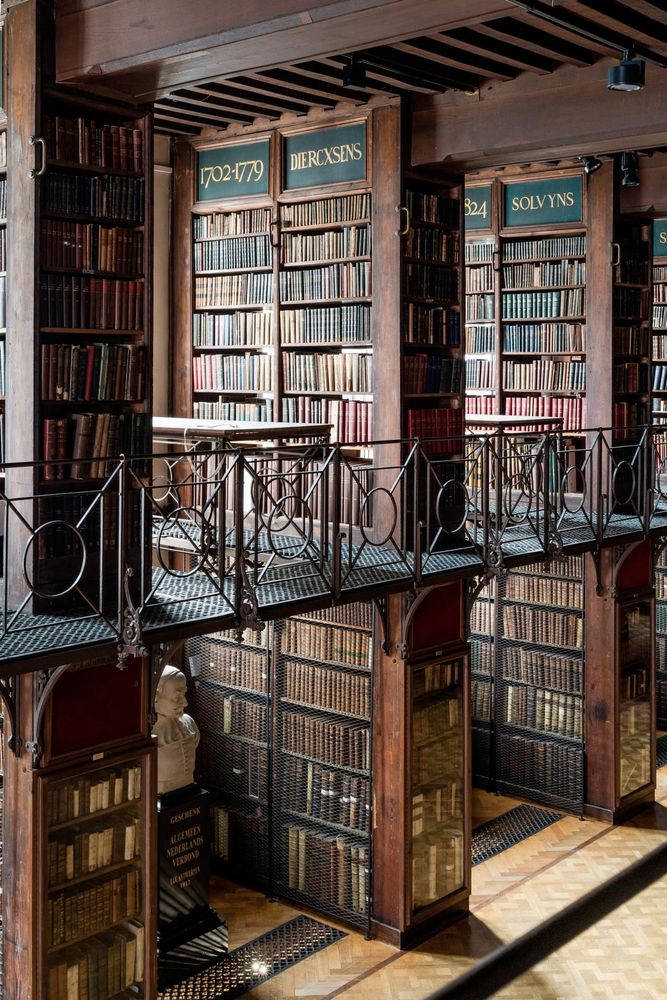 The Nottebohm room at the Hendrik Conscience Library. Looking down from the cast iron gallery, showing some of the recesses on the main floor. Lots of old books.