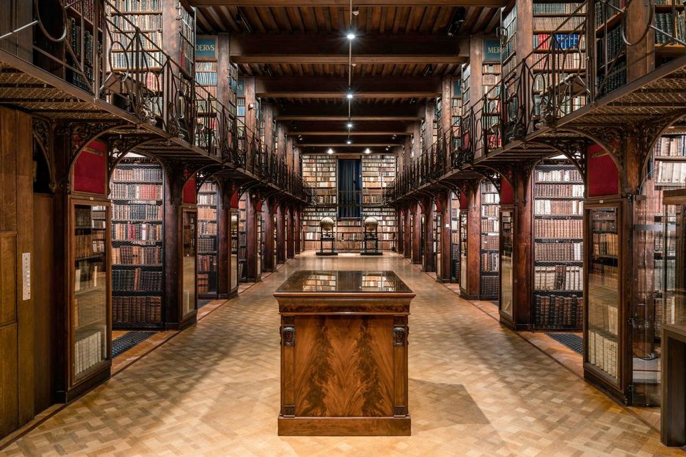 The Nottebohm room of the Hendrik Conscience Library in Antwerp. Two walls with recesses and a gallery showing rows and rows of old books. 