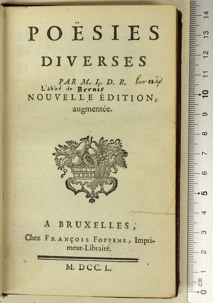 A title page of a book, 'Poësies diverses', printed in Brussels by François Foppens in 1750.