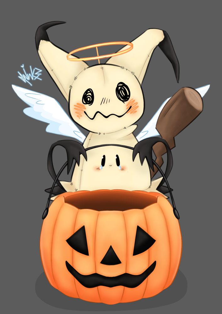 A sad Mimikyu wearing a Angel costume and holding a empty trick or treat bucket