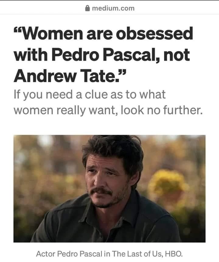 Image description: Post on medium.com: "Women are obsessed with Pedro Pascal, not Andrew Tate."

If you need a clue as to what women really want, look no further.