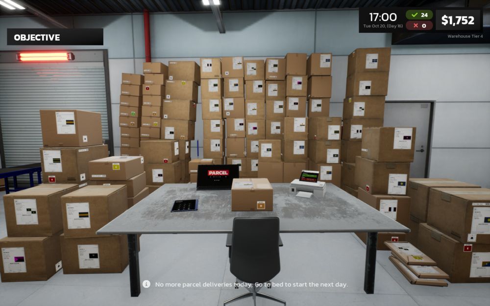 Lots of boxes stacked around desk in Parcel Sim