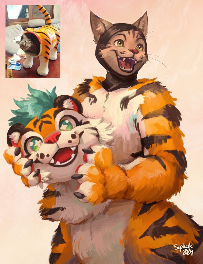 Digital illustration featuring an anthropomorphic tabby cat character wearing a tiger fursuit with its head taken off.