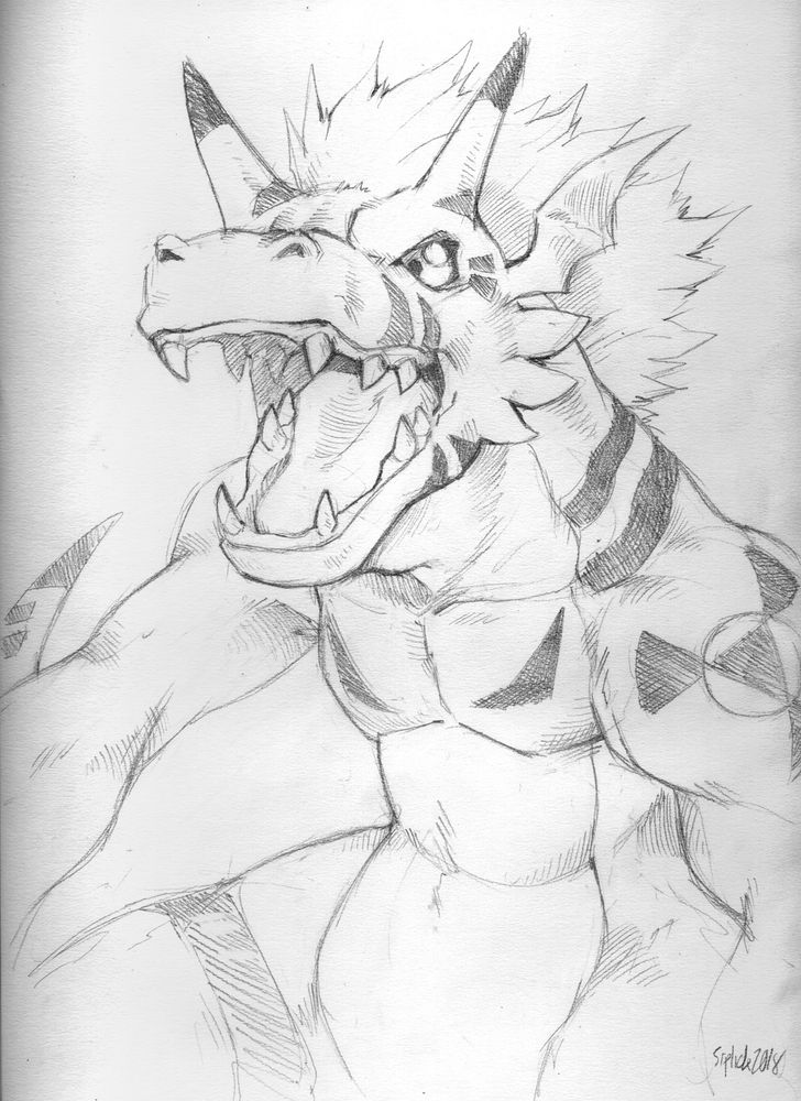 Traditional, monochrome half-body sketch of Growlmon (Digimon) done using pencils.