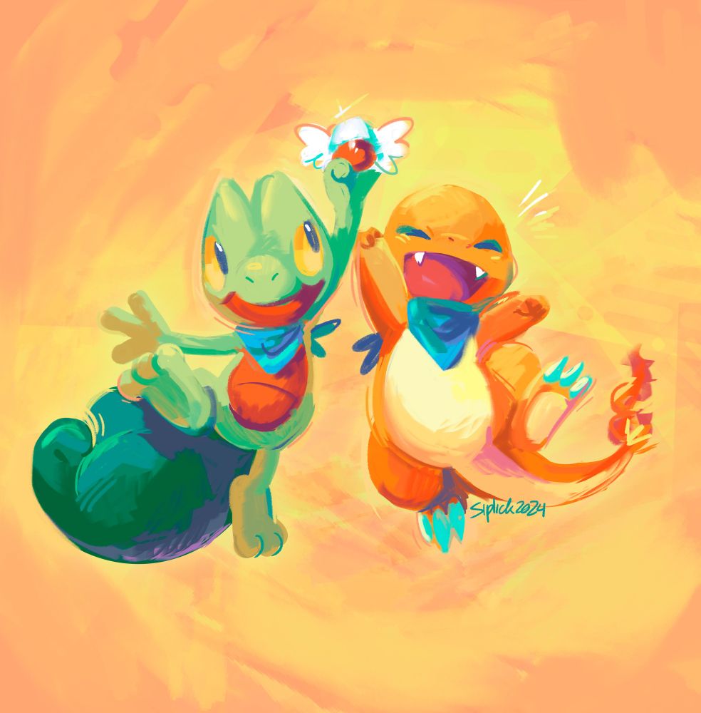 Digital painterly illustration of a Treecko and a Charmander jumping and showing off their Rescue Team badge (Pokémon Mystery Dungeon).