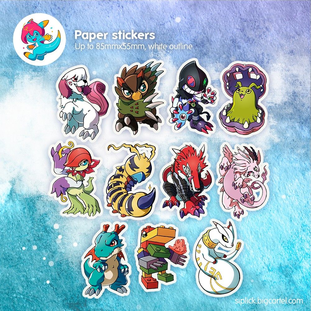 Graphic showing the text "Paper stickers / Up to 85x55mm, white outline" followed by images of stickers of Labramon, Falcomon, Dracmon, Syakomon, Floramon, Kunemon, Fangmon, Magnadramon, Dracomon, ToyAgumon and Kudamon. 