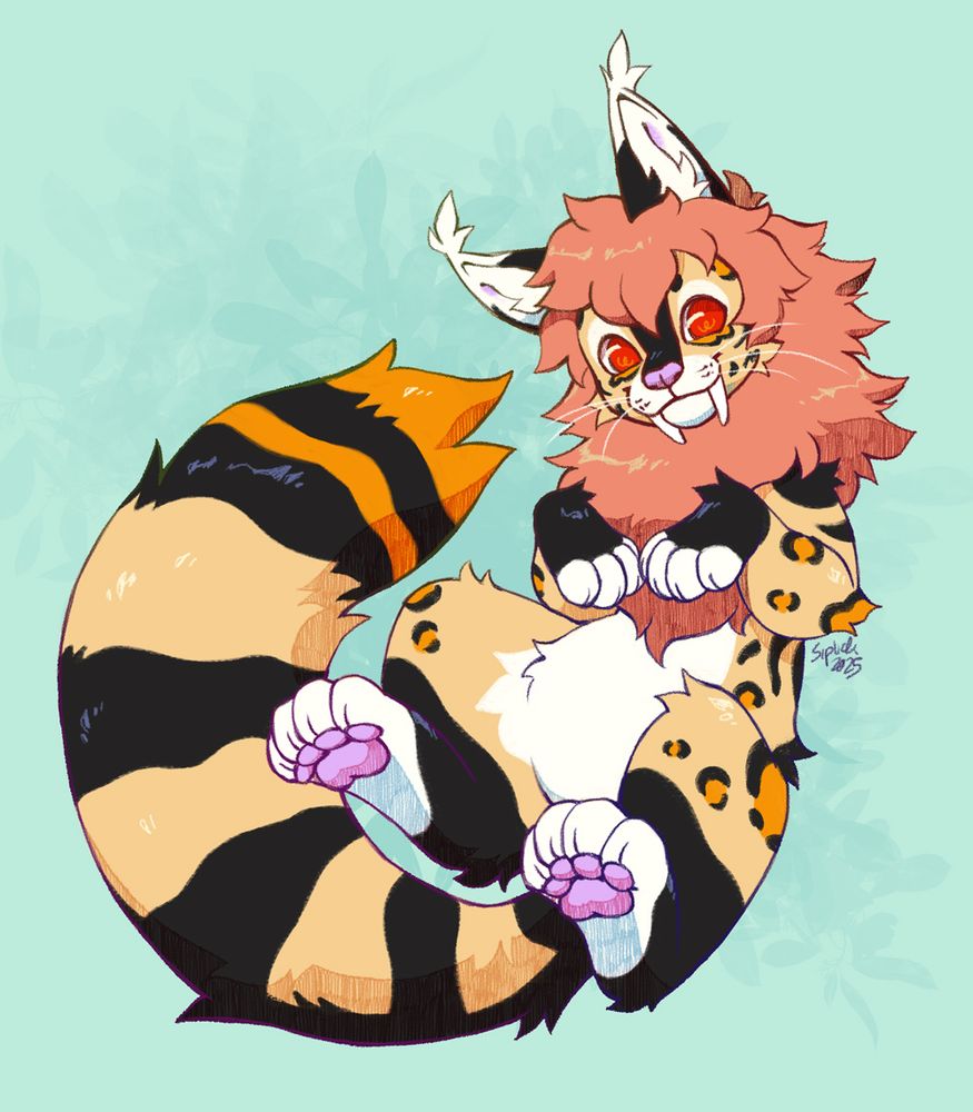 Digital illustration of a quadrupedal (stylized as a chibi) saber-toothed leopard character. Her fur color is tan with black and orange markings, and she has a reddish mane that falls over her forehead. The charater is depicted curled up and belly up and is looking at the viewer with a cute smile in her face. 