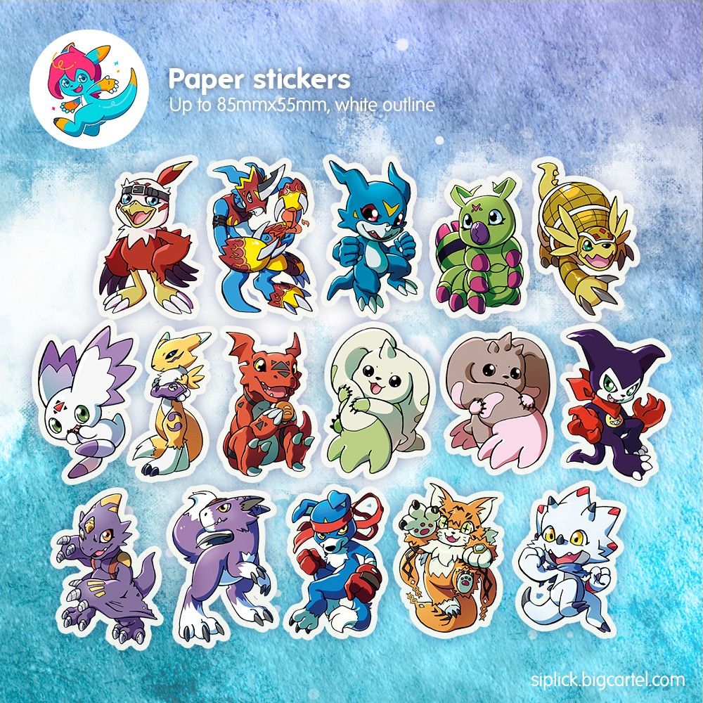 Graphic showing the text "Paper stickers / Up to 85x55mm, white outline" followed by images of stickers of Hawkmon, Flamedramon/Fladramon, Veemon/V-mon, Wormmon, Armadillomon, Calumon, Renamon, Guilmon, Terriermon, Lopmon, Impmon, Monodramon, Dorumon, Gaomon, Meicoomon and Gammamon. 