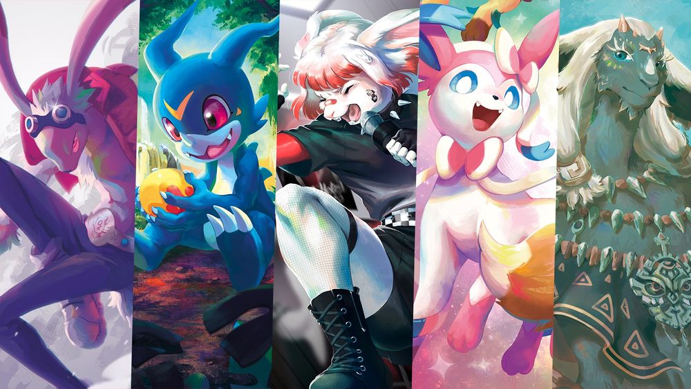 Graphic depicting five different images illustrated by the author - King Kazma (Summer Wars), Veemon (Digimon), an anthro bunny OC (belonging to Shikylusion), Sylveon (Pokémon) and Rauru (The Legend of Zelda). 