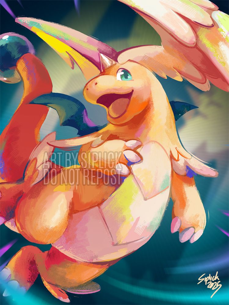 Digital illustration of Mega-Dragonite (Pokémon) depicted in a painterly style. 