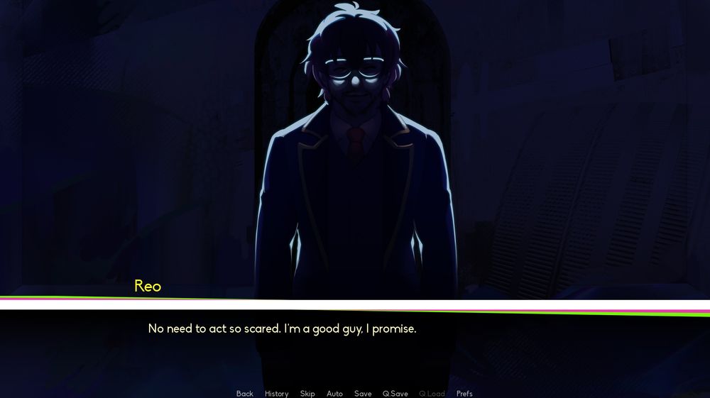 Screen capture of the game "A New World" showing a silhouetted male character sprite, as well as a text box that says "Reo / No need to act so scared. I'm a good guy, I promise.".