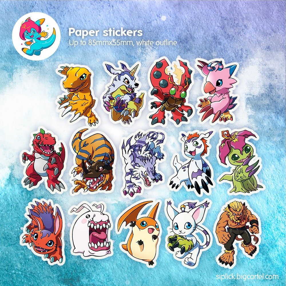 Graphic showing the text "Paper stickers / Up to 85x55mm, white outline" followed by images of stickers of Agumon, Gabumon, Tentomon, Biyomon/Piyomon, Tyrannomon, Greymon, Garurumon, Gomamon, Palmon, Elecmon, Tokomon, Patamon, Gatomon/Tailmon and Leomon. 